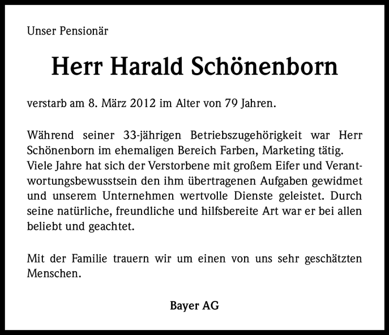  Traueranzeige für Harald Schönenborn vom 14.03.2012 aus Kölner Stadt-Anzeiger / Kölnische Rundschau / Express