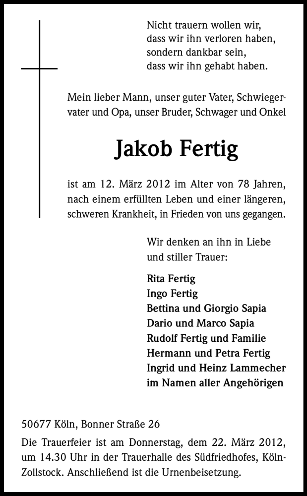  Traueranzeige für Jakob Fertig vom 17.03.2012 aus Kölner Stadt-Anzeiger / Kölnische Rundschau / Express