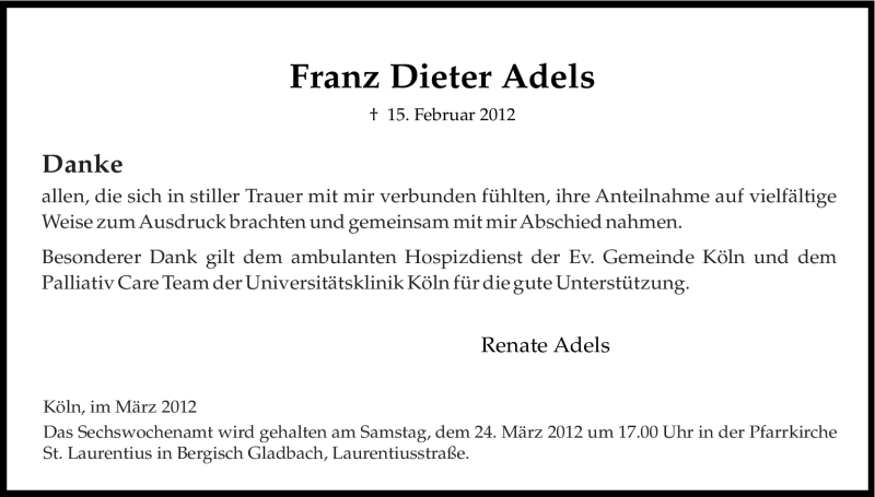  Traueranzeige für Franz Dieter Adels vom 17.03.2012 aus Kölner Stadt-Anzeiger / Kölnische Rundschau / Express