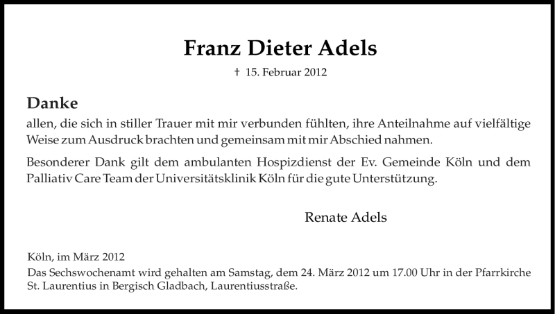  Traueranzeige für Franz Dieter Adels vom 17.03.2012 aus Kölner Stadt-Anzeiger / Kölnische Rundschau / Express