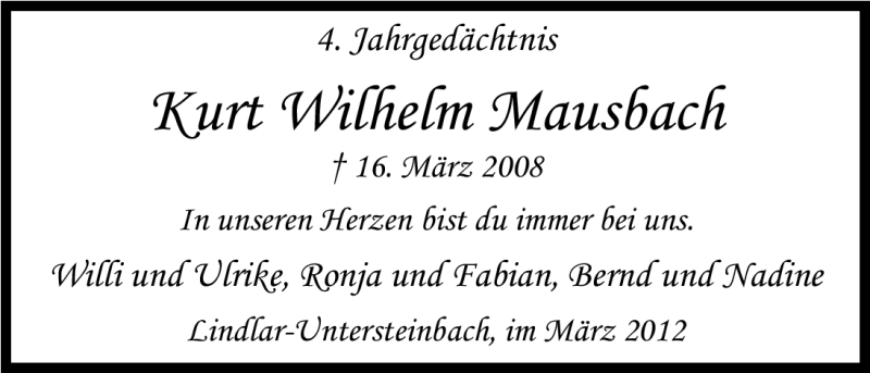  Traueranzeige für Kurt Wilhelm Mausbach vom 16.03.2012 aus Kölner Stadt-Anzeiger / Kölnische Rundschau / Express