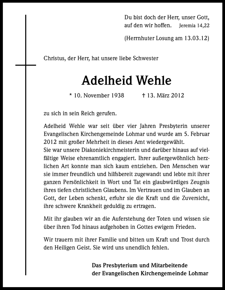 Traueranzeige für Adelheid Wehle vom 17.03.2012 aus Kölner Stadt-Anzeiger / Kölnische Rundschau / Express