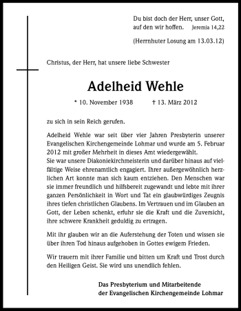 Anzeige von Adelheid Wehle von Kölner Stadt-Anzeiger / Kölnische Rundschau / Express