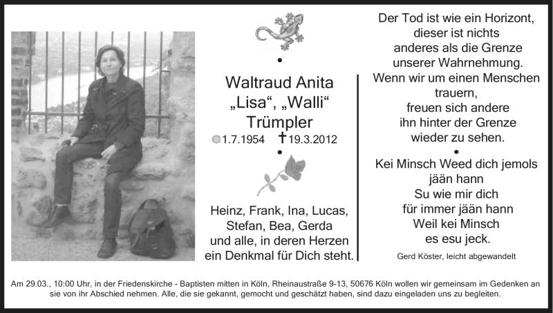  Traueranzeige für Waltraud Anita Trümpler vom 21.03.2012 aus Kölner Stadt-Anzeiger / Kölnische Rundschau / Express