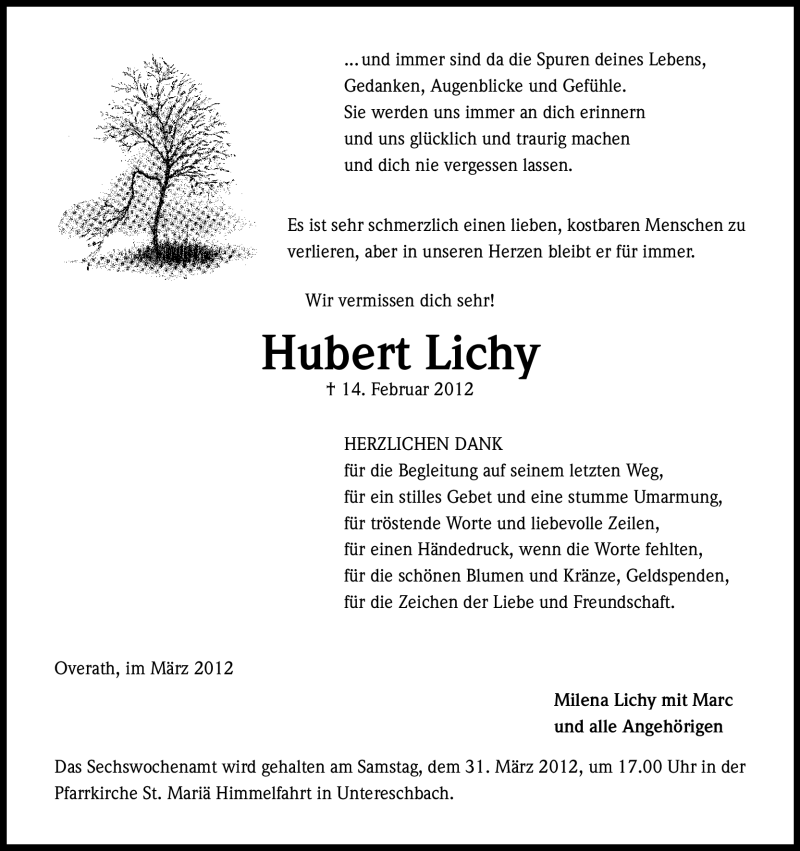  Traueranzeige für Hubert Lichy vom 24.03.2012 aus Kölner Stadt-Anzeiger / Kölnische Rundschau / Express