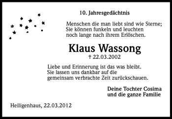 Anzeige von Klaus Wassong von Kölner Stadt-Anzeiger / Kölnische Rundschau / Express