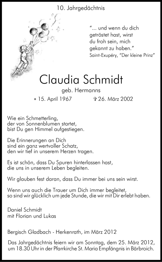  Traueranzeige für Claudia Schmidt vom 24.03.2012 aus Kölner Stadt-Anzeiger / Kölnische Rundschau / Express