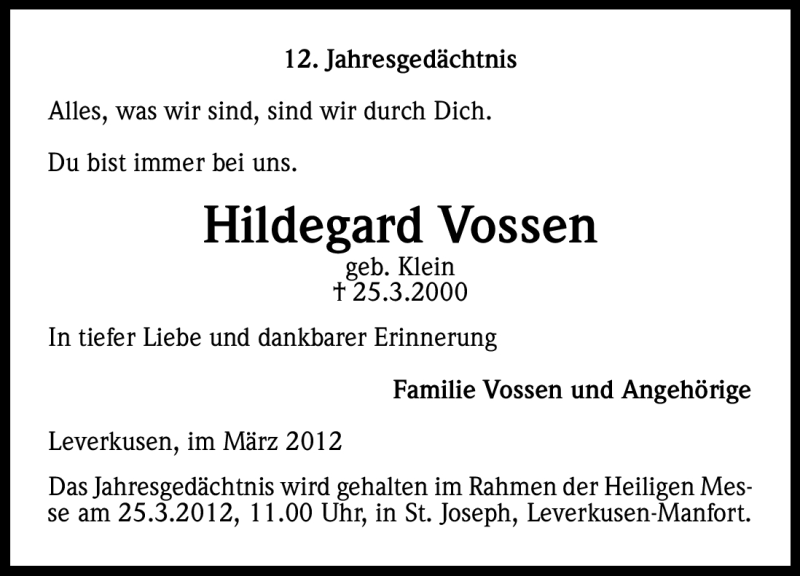  Traueranzeige für Hildegard Vossen vom 24.03.2012 aus Kölner Stadt-Anzeiger / Kölnische Rundschau / Express