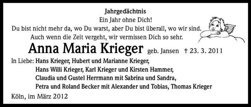  Traueranzeige für Anna Maria Krieger vom 24.03.2012 aus Kölner Stadt-Anzeiger / Kölnische Rundschau / Express