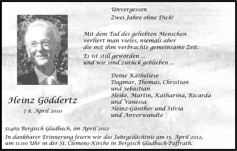  Traueranzeige für Heinz Göddertz vom 14.04.2012 aus Kölner Stadt-Anzeiger / Kölnische Rundschau / Express