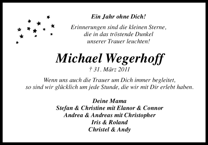  Traueranzeige für Michael Wegerhoff vom 31.03.2012 aus Kölner Stadt-Anzeiger / Kölnische Rundschau / Express