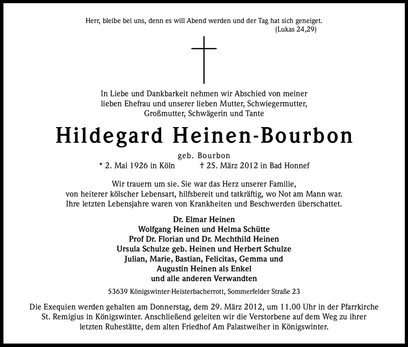  Traueranzeige für Hildegard Heinen-Bourbon vom 28.03.2012 aus Kölner Stadt-Anzeiger / Kölnische Rundschau / Express