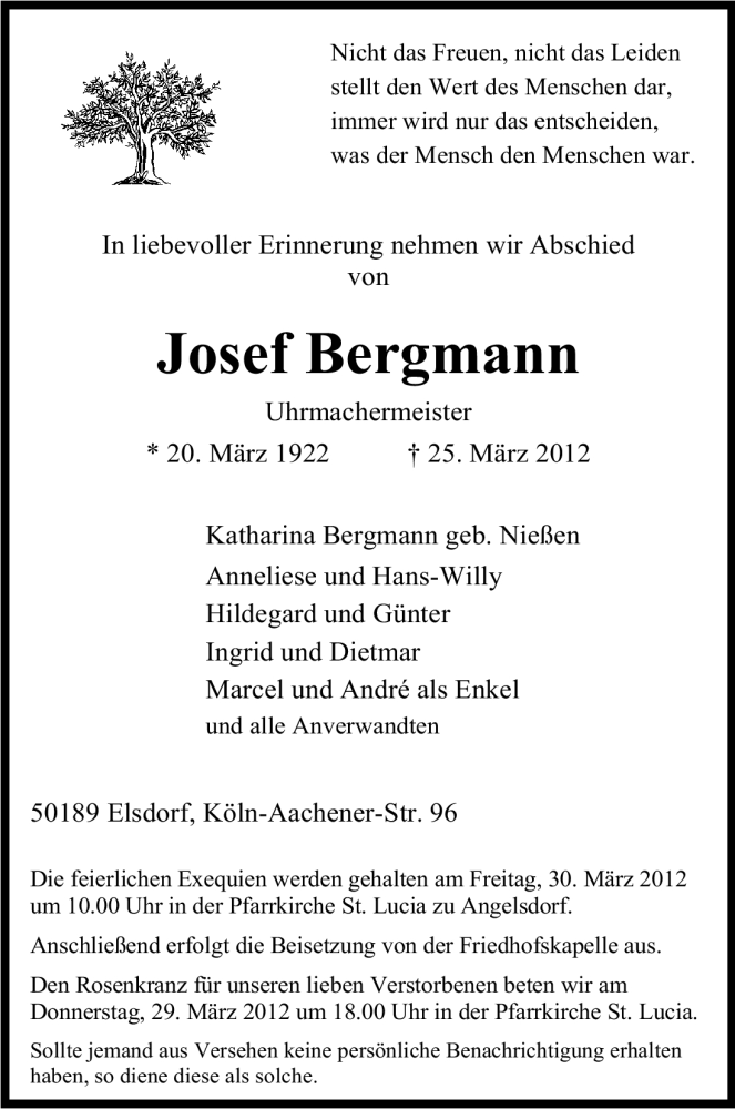  Traueranzeige für Josef Bergmann vom 28.03.2012 aus Kölner Stadt-Anzeiger / Kölnische Rundschau / Express