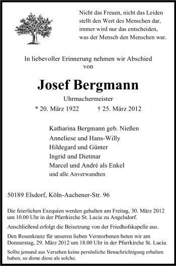 Anzeige von Josef Bergmann von Kölner Stadt-Anzeiger / Kölnische Rundschau / Express