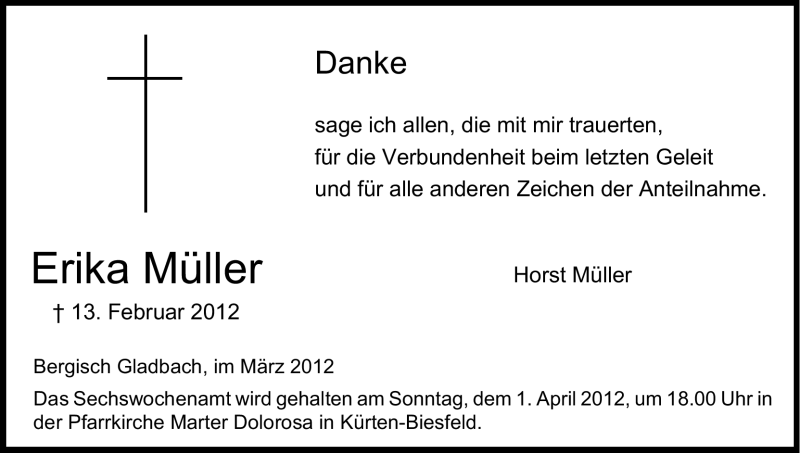  Traueranzeige für Erika Müller vom 28.03.2012 aus Kölner Stadt-Anzeiger / Kölnische Rundschau / Express