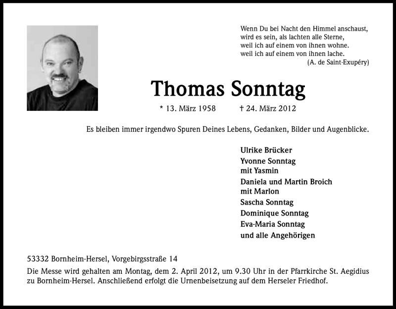  Traueranzeige für Thomas Sonntag vom 30.03.2012 aus Kölner Stadt-Anzeiger / Kölnische Rundschau / Express