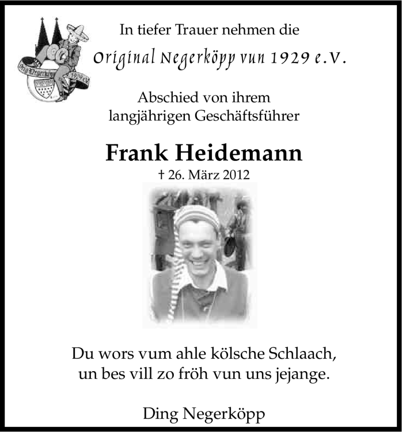  Traueranzeige für Frank Heidemann vom 31.03.2012 aus Kölner Stadt-Anzeiger / Kölnische Rundschau / Express