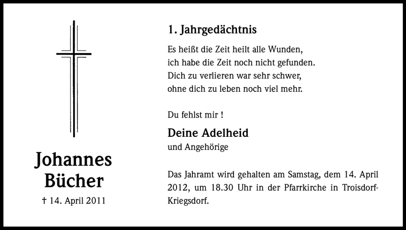  Traueranzeige für Johannes Bücher vom 12.04.2012 aus Kölner Stadt-Anzeiger / Kölnische Rundschau / Express
