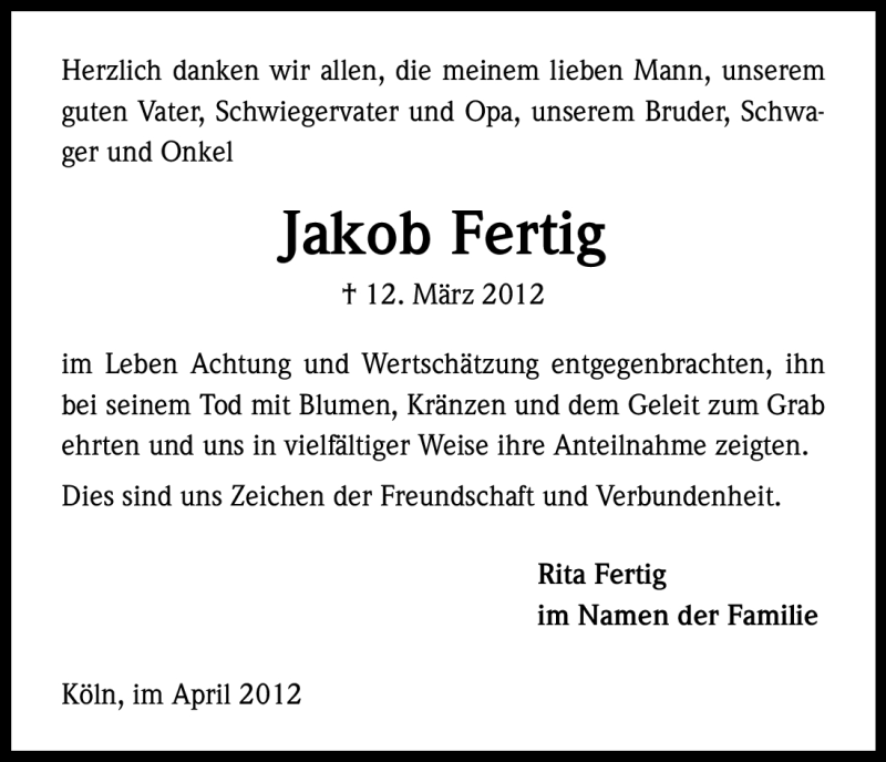  Traueranzeige für Jakob Fertig vom 14.04.2012 aus Kölner Stadt-Anzeiger / Kölnische Rundschau / Express