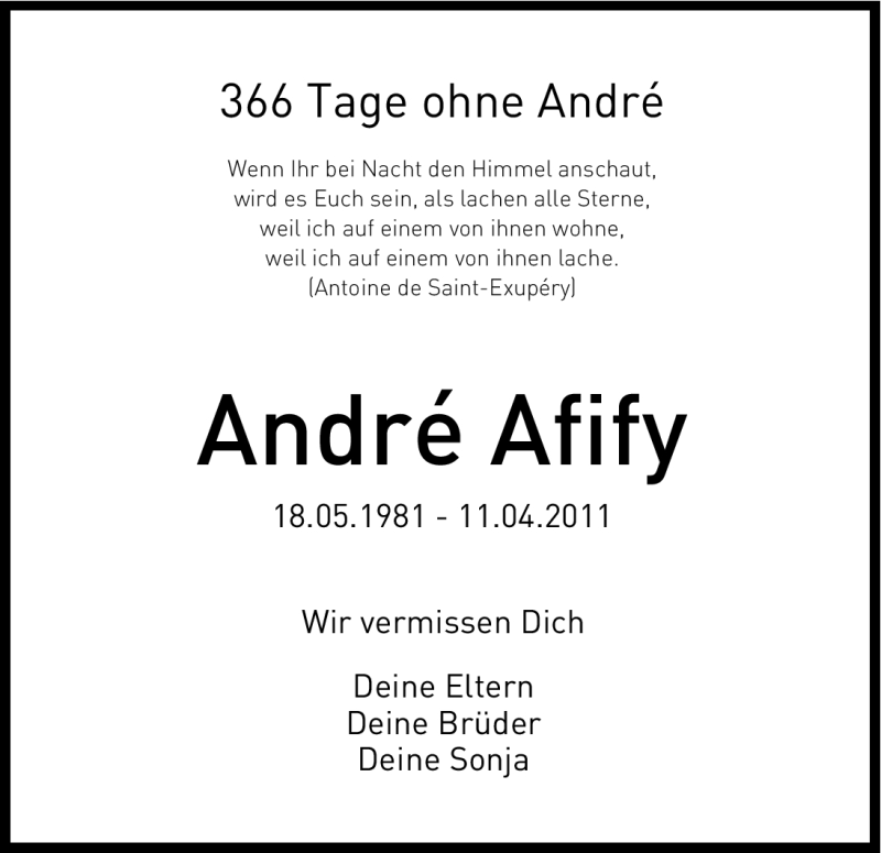  Traueranzeige für André Afify vom 11.04.2012 aus Kölner Stadt-Anzeiger / Kölnische Rundschau / Express