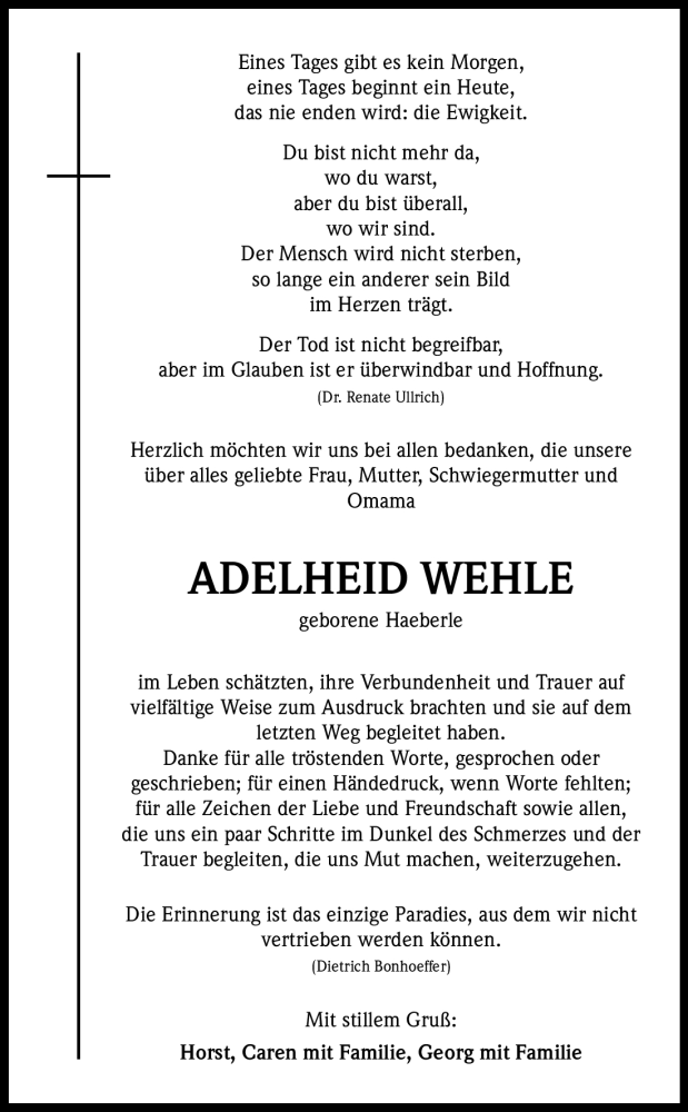  Traueranzeige für Adelheid Wehle vom 07.04.2012 aus Kölner Stadt-Anzeiger / Kölnische Rundschau / Express