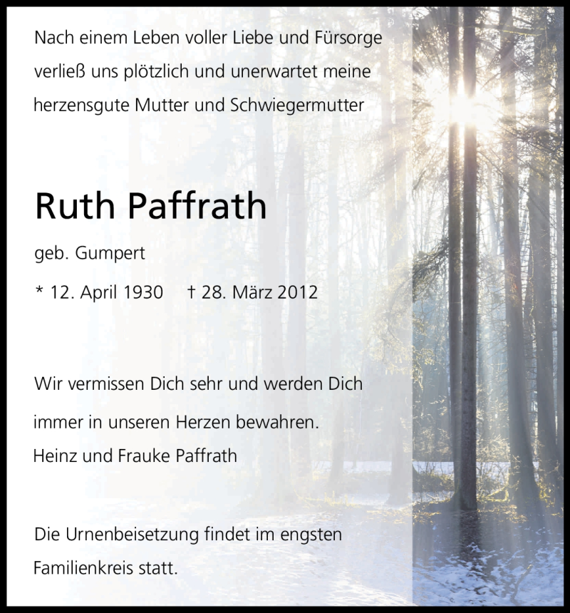  Traueranzeige für Ruth Paffrath vom 12.04.2012 aus Kölner Stadt-Anzeiger / Kölnische Rundschau / Express