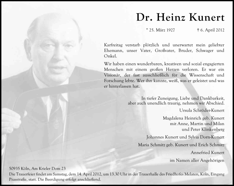  Traueranzeige für Heinz Kunert vom 12.04.2012 aus Kölner Stadt-Anzeiger / Kölnische Rundschau / Express
