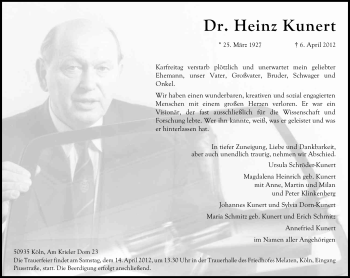 Anzeige von Heinz Kunert von Kölner Stadt-Anzeiger / Kölnische Rundschau / Express