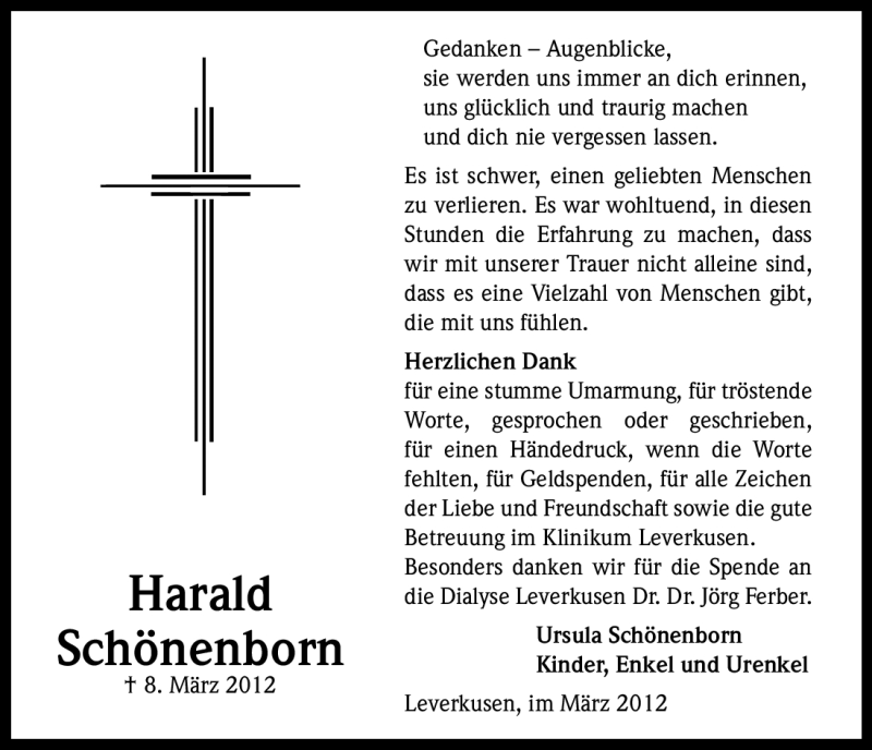  Traueranzeige für Harald Schönenborn vom 14.04.2012 aus Kölner Stadt-Anzeiger / Kölnische Rundschau / Express
