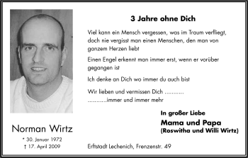 Anzeige von Norman Wirtz von Kölner Stadt-Anzeiger / Kölnische Rundschau / Express