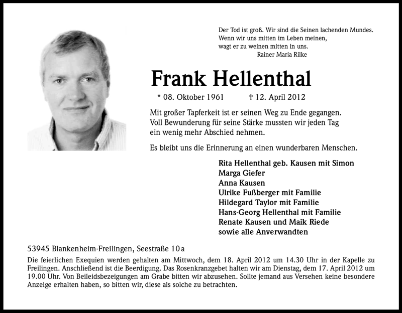  Traueranzeige für Frank Hellenthal vom 14.04.2012 aus Kölner Stadt-Anzeiger / Kölnische Rundschau / Express