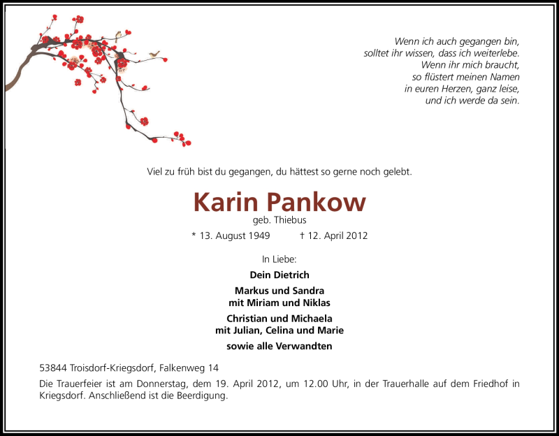 Traueranzeige für Karin Pankow vom 17.04.2012 aus Kölner Stadt-Anzeiger / Kölnische Rundschau / Express