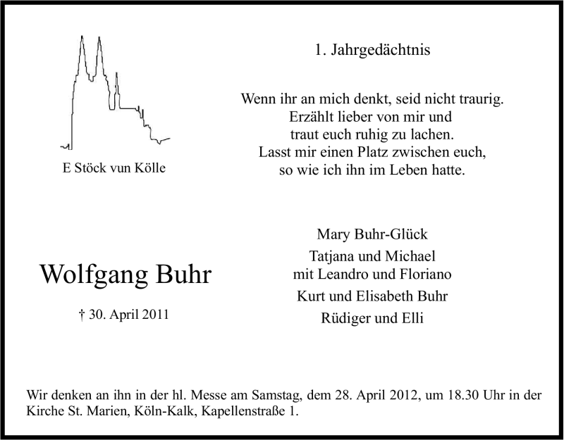  Traueranzeige für Wolfgang Buhr vom 21.04.2012 aus Kölner Stadt-Anzeiger / Kölnische Rundschau / Express
