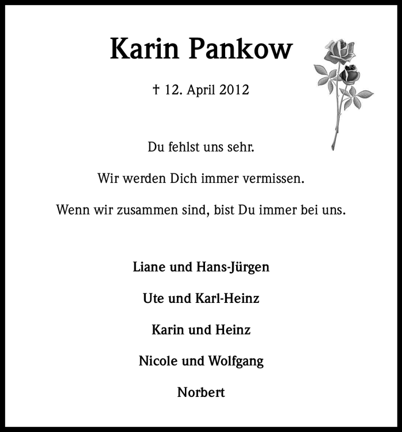  Traueranzeige für Karin Pankow vom 21.04.2012 aus Kölner Stadt-Anzeiger / Kölnische Rundschau / Express