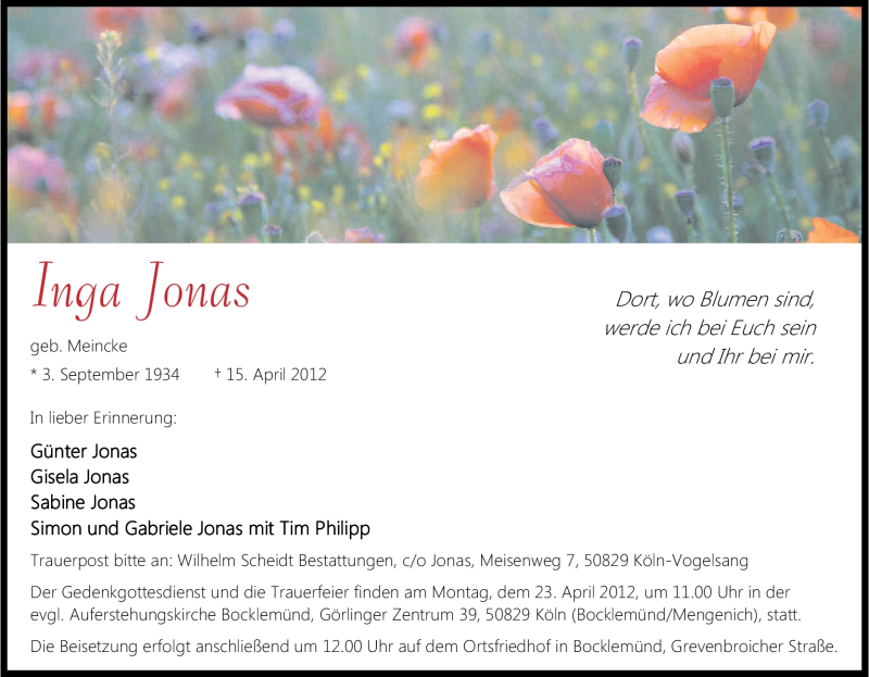  Traueranzeige für Inga Jonas vom 19.04.2012 aus Kölner Stadt-Anzeiger / Kölnische Rundschau / Express