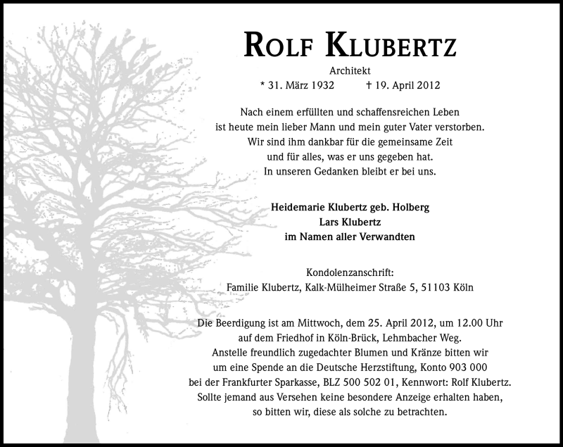  Traueranzeige für Rolf Klubertz vom 21.04.2012 aus Kölner Stadt-Anzeiger / Kölnische Rundschau / Express