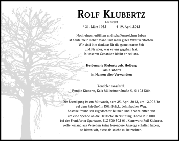 Anzeige von Rolf Klubertz von Kölner Stadt-Anzeiger / Kölnische Rundschau / Express