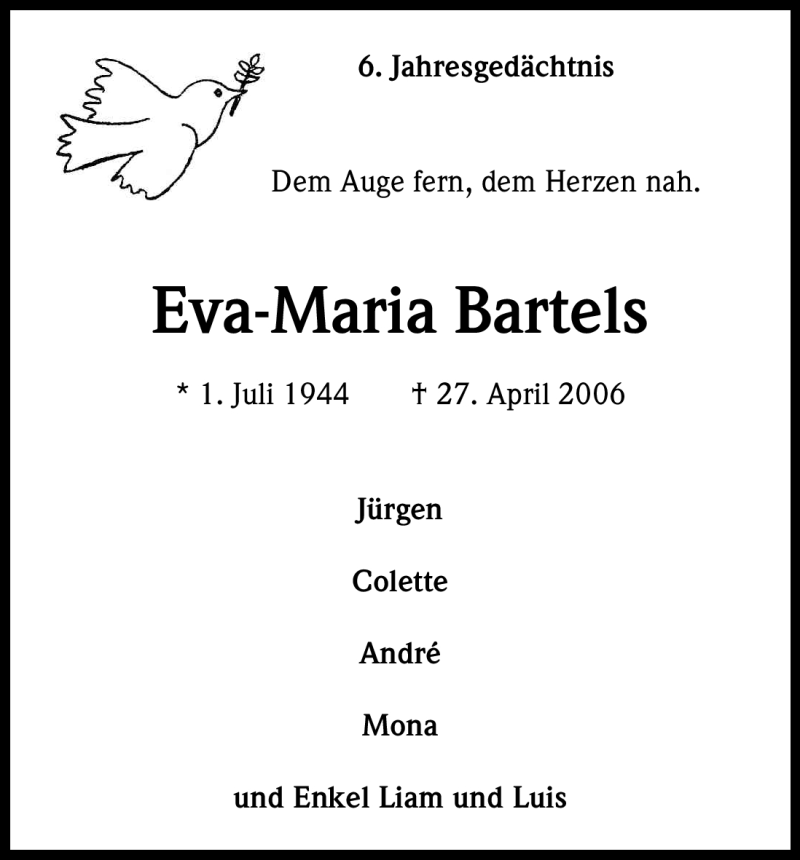  Traueranzeige für Eva-Maria Bartels vom 27.04.2012 aus Kölner Stadt-Anzeiger / Kölnische Rundschau / Express
