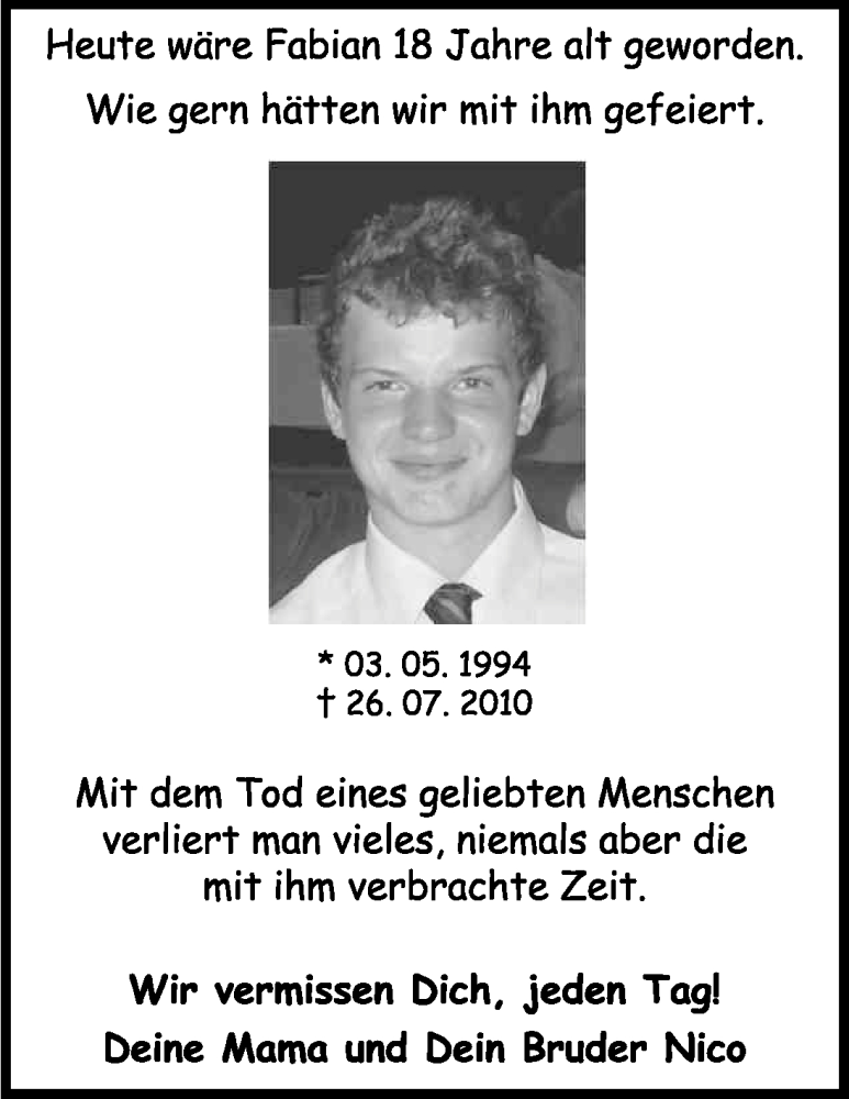  Traueranzeige für Fabian Menzel vom 03.05.2012 aus Kölner Stadt-Anzeiger / Kölnische Rundschau / Express