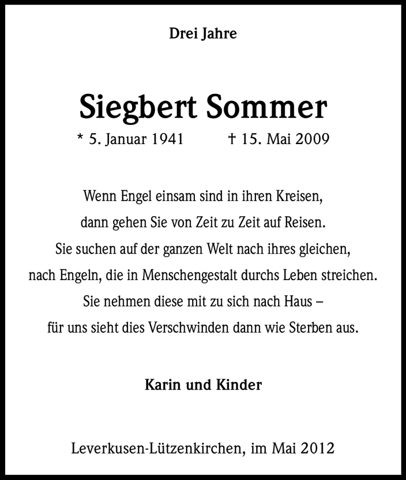  Traueranzeige für Siegbert Sommer vom 15.05.2012 aus Kölner Stadt-Anzeiger / Kölnische Rundschau / Express