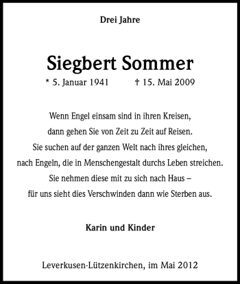 Anzeige von Siegbert Sommer von Kölner Stadt-Anzeiger / Kölnische Rundschau / Express