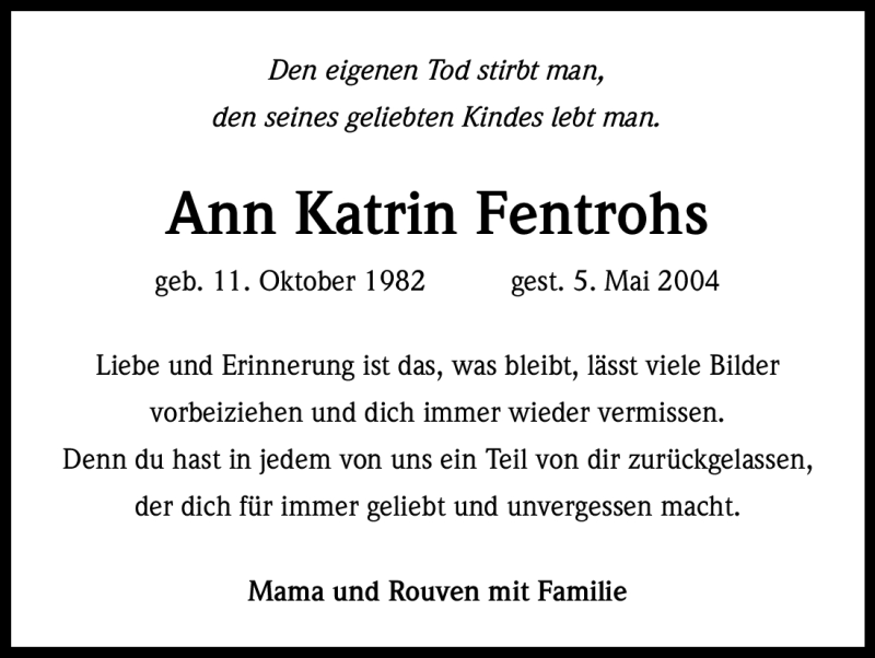  Traueranzeige für Ann Katrin Fentrohs vom 04.05.2012 aus Zeitungsgruppe Köln