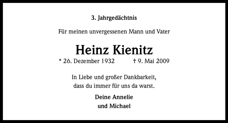  Traueranzeige für Heinz Kienitz vom 09.05.2012 aus Kölner Stadt-Anzeiger / Kölnische Rundschau / Express