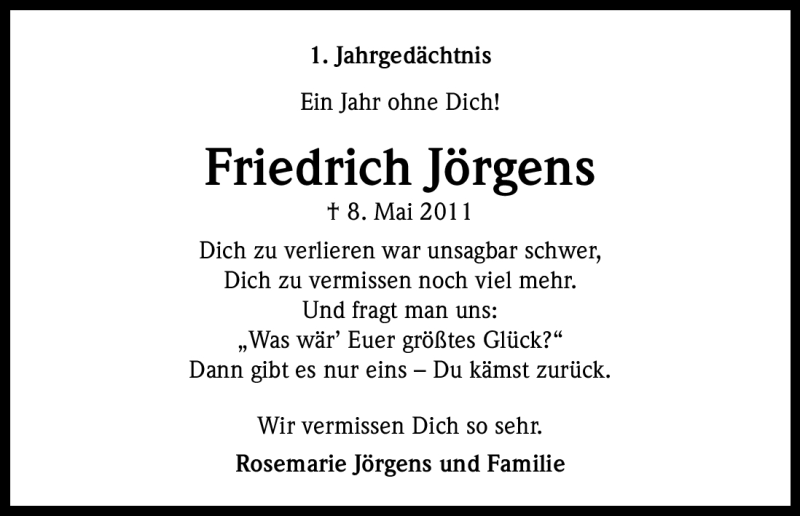  Traueranzeige für Friedrich Jörgens vom 08.05.2012 aus Kölner Stadt-Anzeiger / Kölnische Rundschau / Express