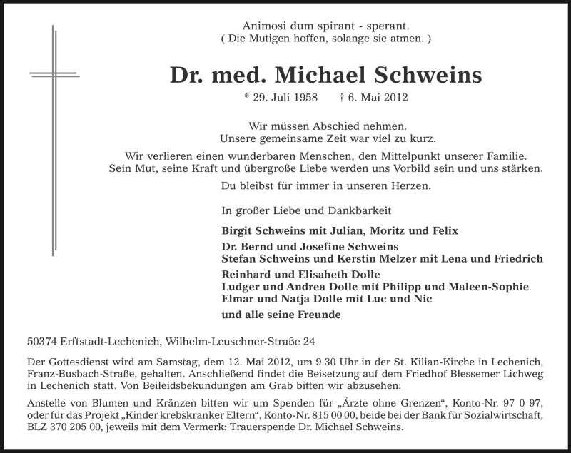  Traueranzeige für Michael Schweins vom 09.05.2012 aus Kölner Stadt-Anzeiger / Kölnische Rundschau / Express