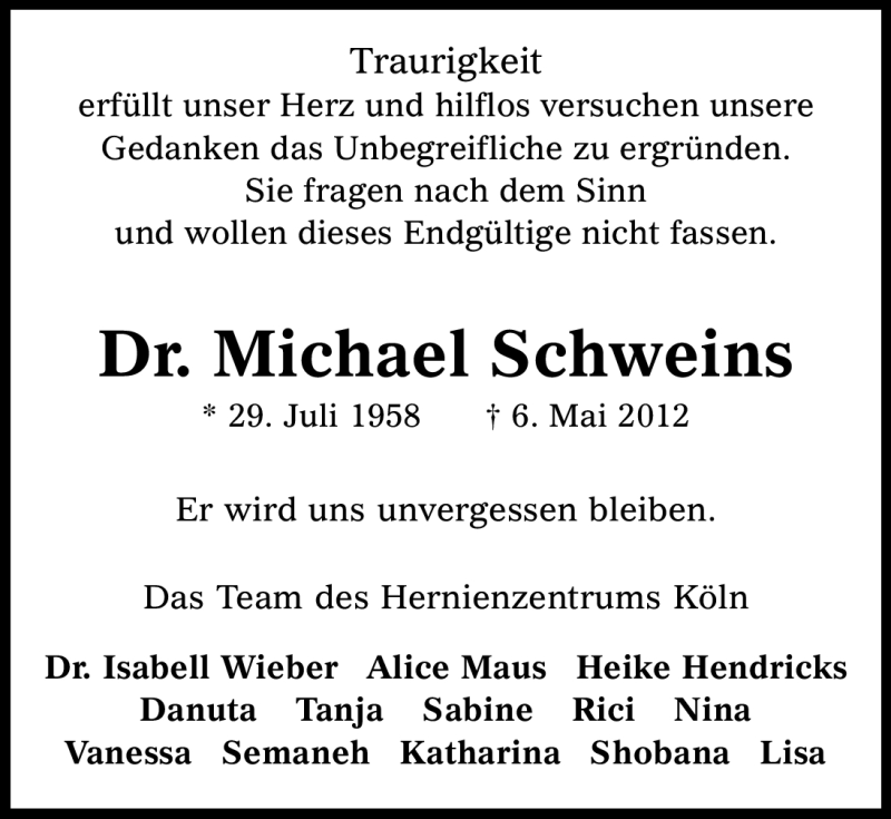  Traueranzeige für Michael Schweins vom 09.05.2012 aus Kölner Stadt-Anzeiger / Kölnische Rundschau / Express