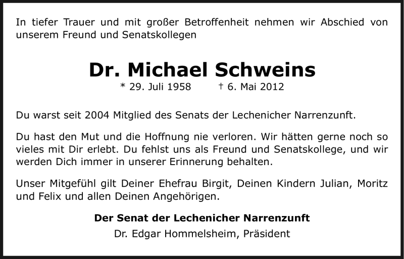  Traueranzeige für Michael Schweins vom 09.05.2012 aus Kölner Stadt-Anzeiger / Kölnische Rundschau / Express