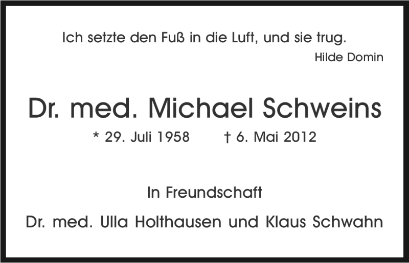  Traueranzeige für Michael Schweins vom 09.05.2012 aus Kölner Stadt-Anzeiger / Kölnische Rundschau / Express