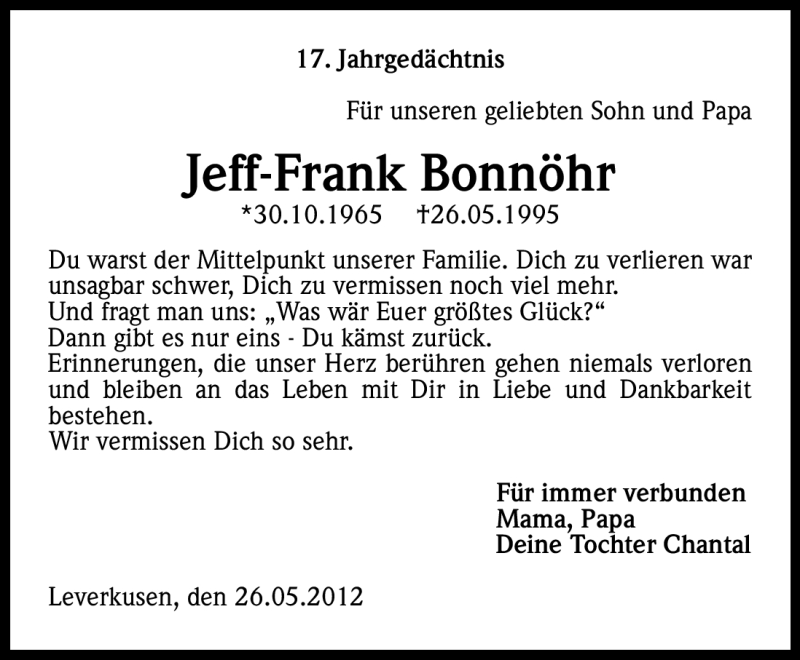  Traueranzeige für Jeff-Frank Bonnöhr vom 26.05.2012 aus Kölner Stadt-Anzeiger / Kölnische Rundschau / Express