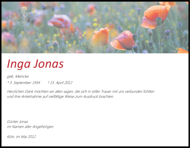  Traueranzeige für Inga Jonas vom 12.05.2012 aus Kölner Stadt-Anzeiger / Kölnische Rundschau / Express